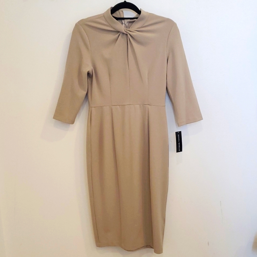 Donna Morgan Tan Sheath Dress With Twist Neckline